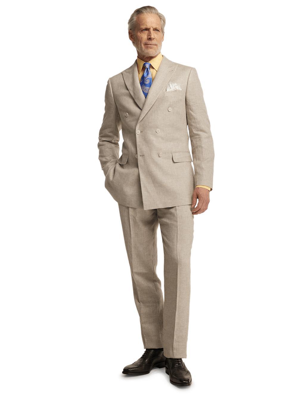 Linen Blend Plaid Peak Lapel Suit - Tan Product Image