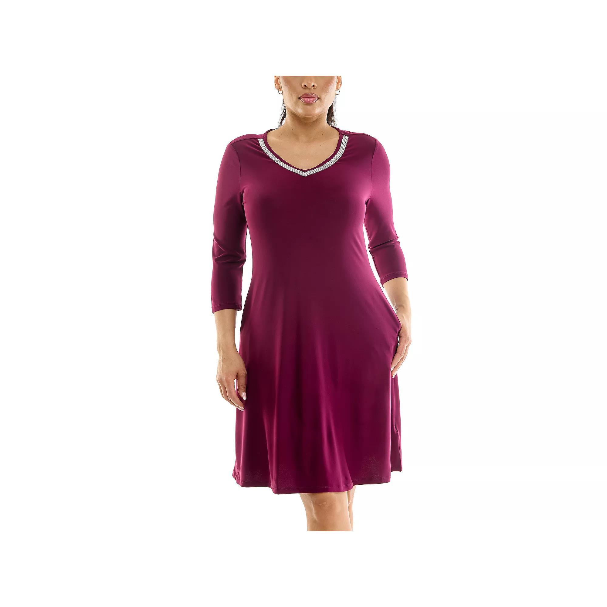 Women's Nina Leonard Necklace Trim Pocket Dress, Size: Small, Crisp Pink Product Image