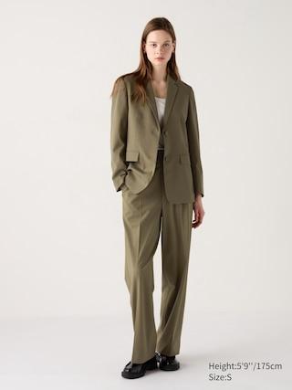 Womens Pleated Wide Pants Tall Olive Small UNIQLO US Product Image