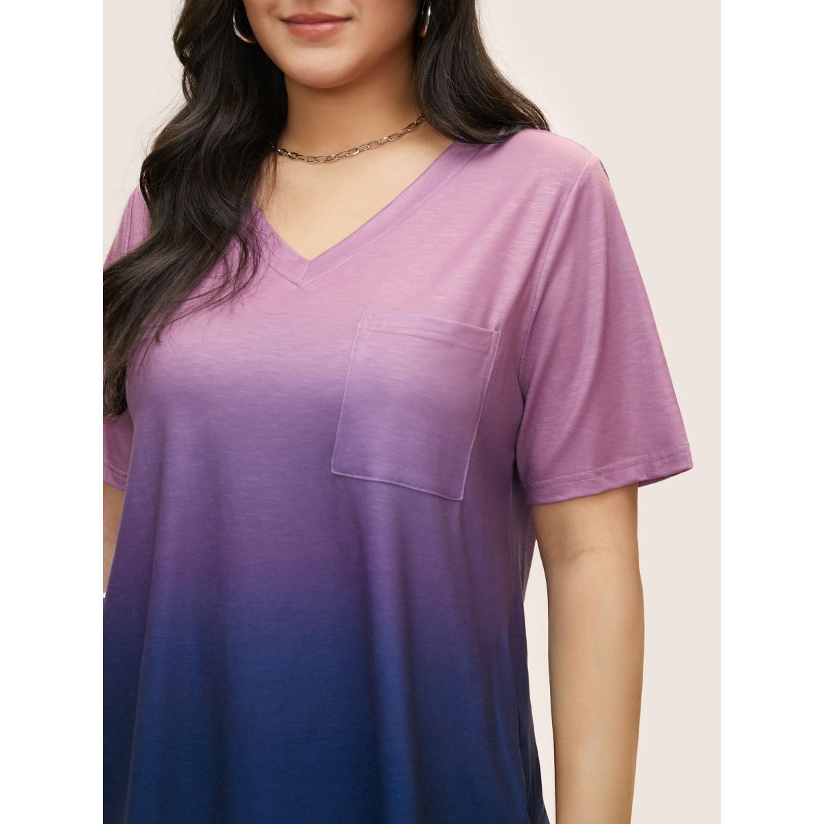 Plus Size Ombre Contrast Patched Pocket T-shirt Multicolor Women Casual Non Ombre V-neck Everyday T-shirts BloomChic 30/6X Product Image