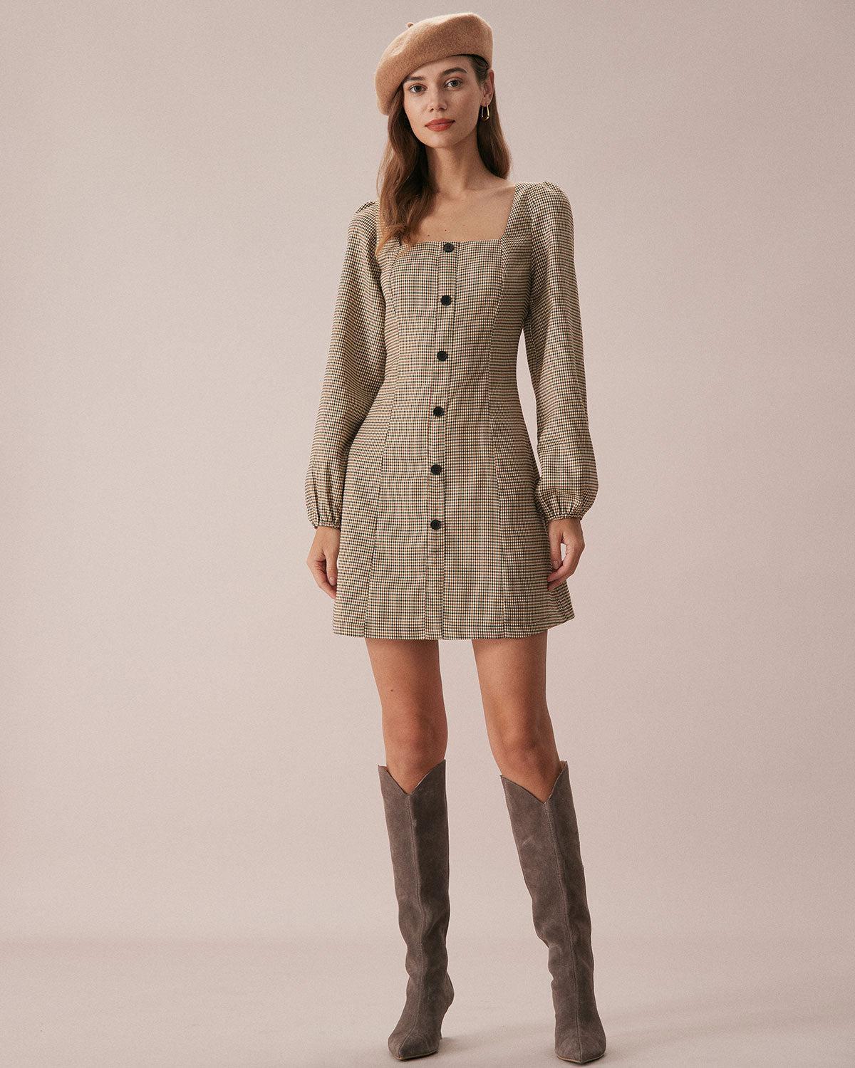 The Khaki Square Neck Plaid Button Mini Dress Product Image