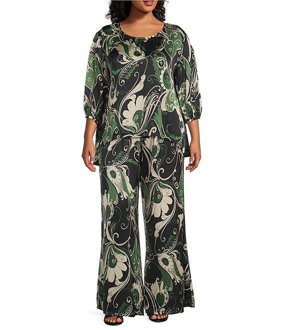 Bryn Walker Plus Size Coordinating Lucinda Giardino Viscose Satin Round Neck 3/4 Sleeve Shirt Product Image