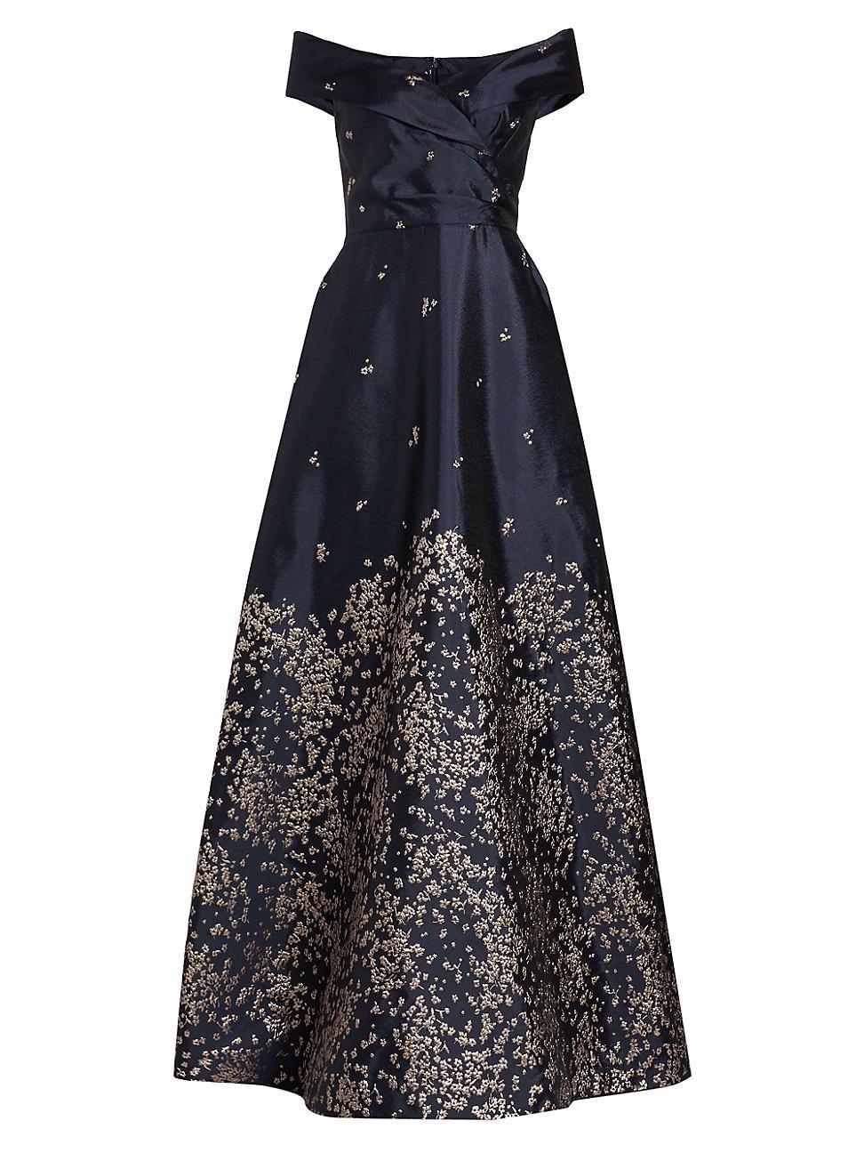 Womens Embroidered Jacquard Off-The-Shoulder Gown Product Image