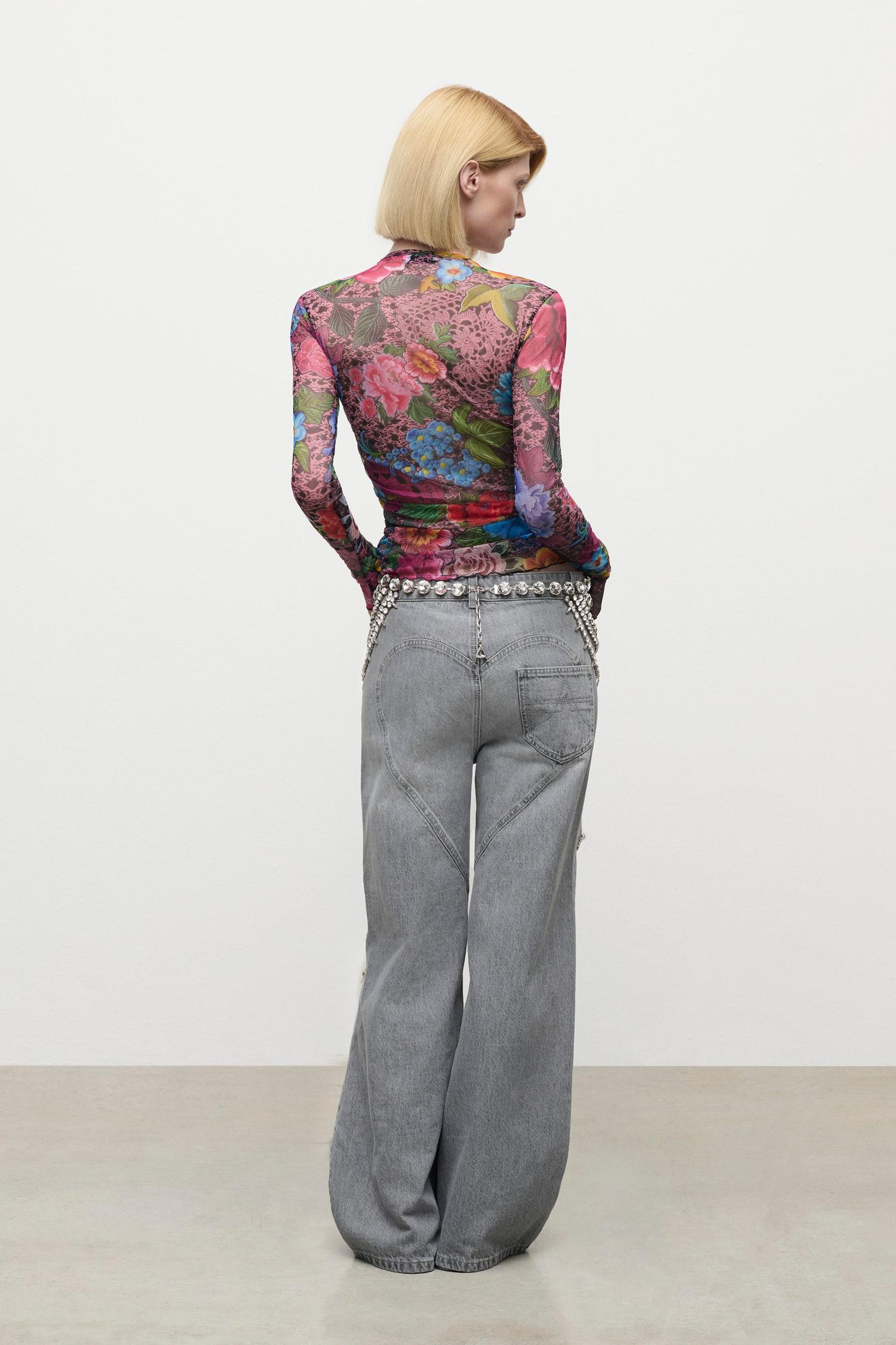 Crystal Embellished Printed Tulle Long Sleeve Top Product Image