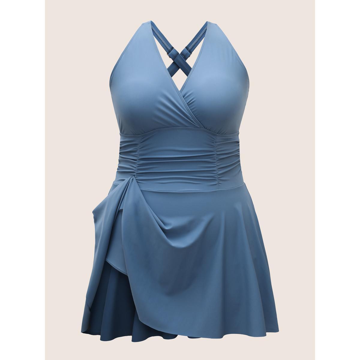 Plus Size Plain Overlap Collar Ruched Swim Dress Women's Swimwear Aegean Beach Bodycon Overlap Collar High stretch Curve Swim Dresses BloomChic 12/L Product Image