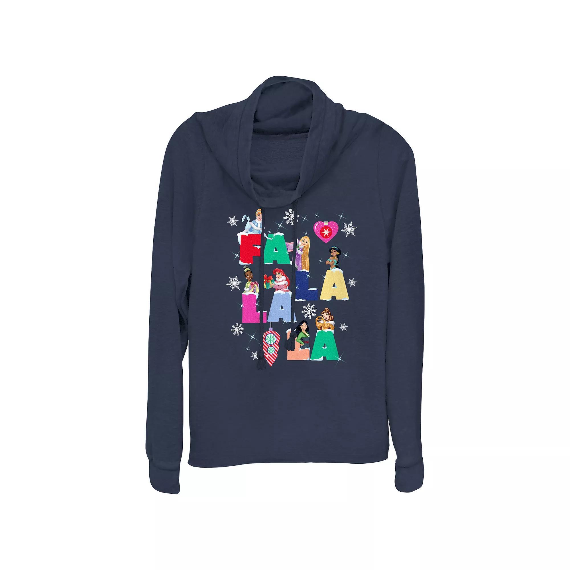 Disney Princess Cinderella, Rapunzel, Jasmine, Tiana, Ariel, Mulan & Belle Fa La La La Christmas Singing Women's Cowlneck Graphic Lightweight Long Sleeve, Size: XS, Blue Product Image