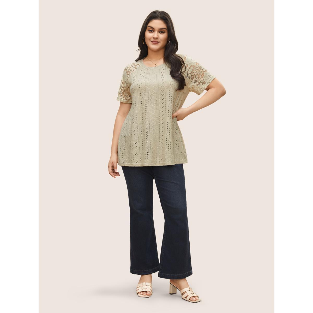 Plus Size Solid Broderie Anglaise Lace Raglan Sleeve T-shirt Champagne Women Elegant See through Plain Round Neck Everyday T-shirts BloomChic 22-24/3X Product Image