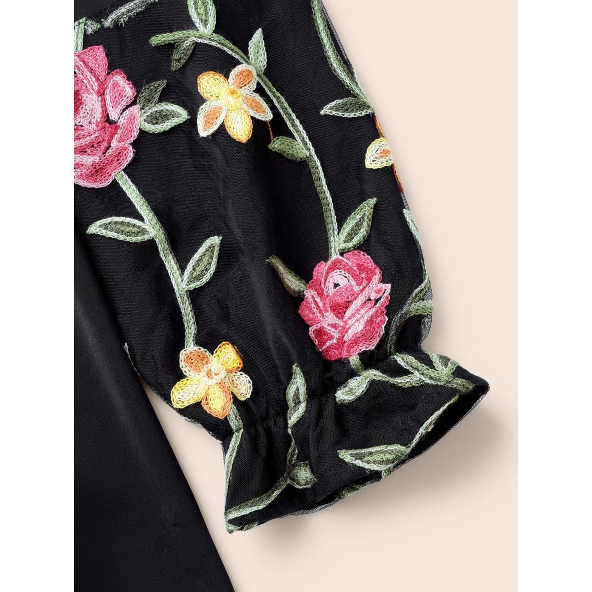 Plus Size Black Mesh Floral Embroidered Sleeve Blouse Women Elegant Long Sleeve Notched collar Everyday Blouses BloomChic 14-16/1X Product Image