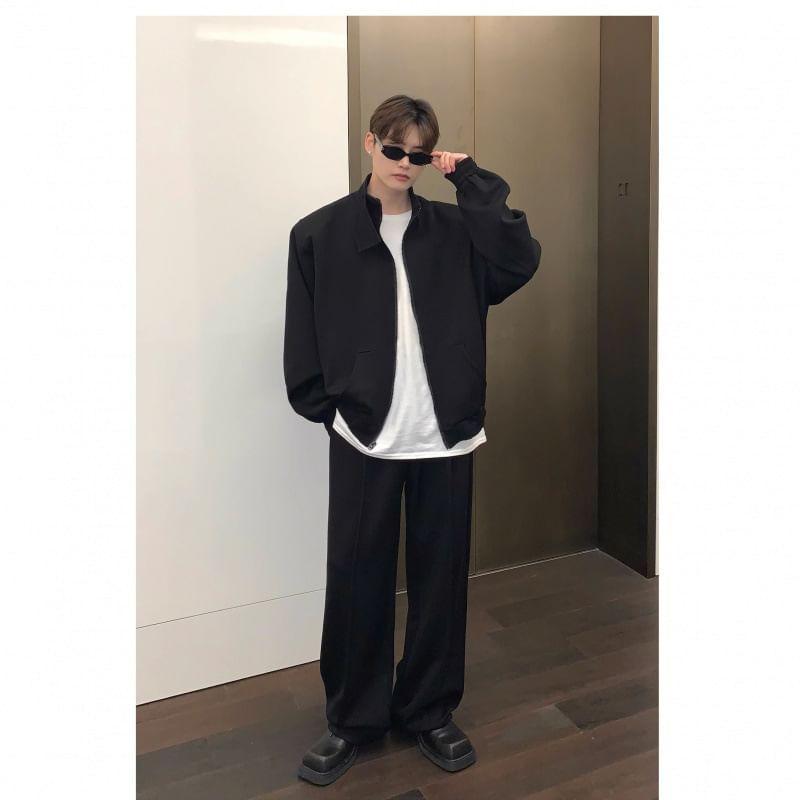 Set: Stand Collar Plain Zip-Up Jacket + Mid Rise Wide Leg Sweatpants Product Image