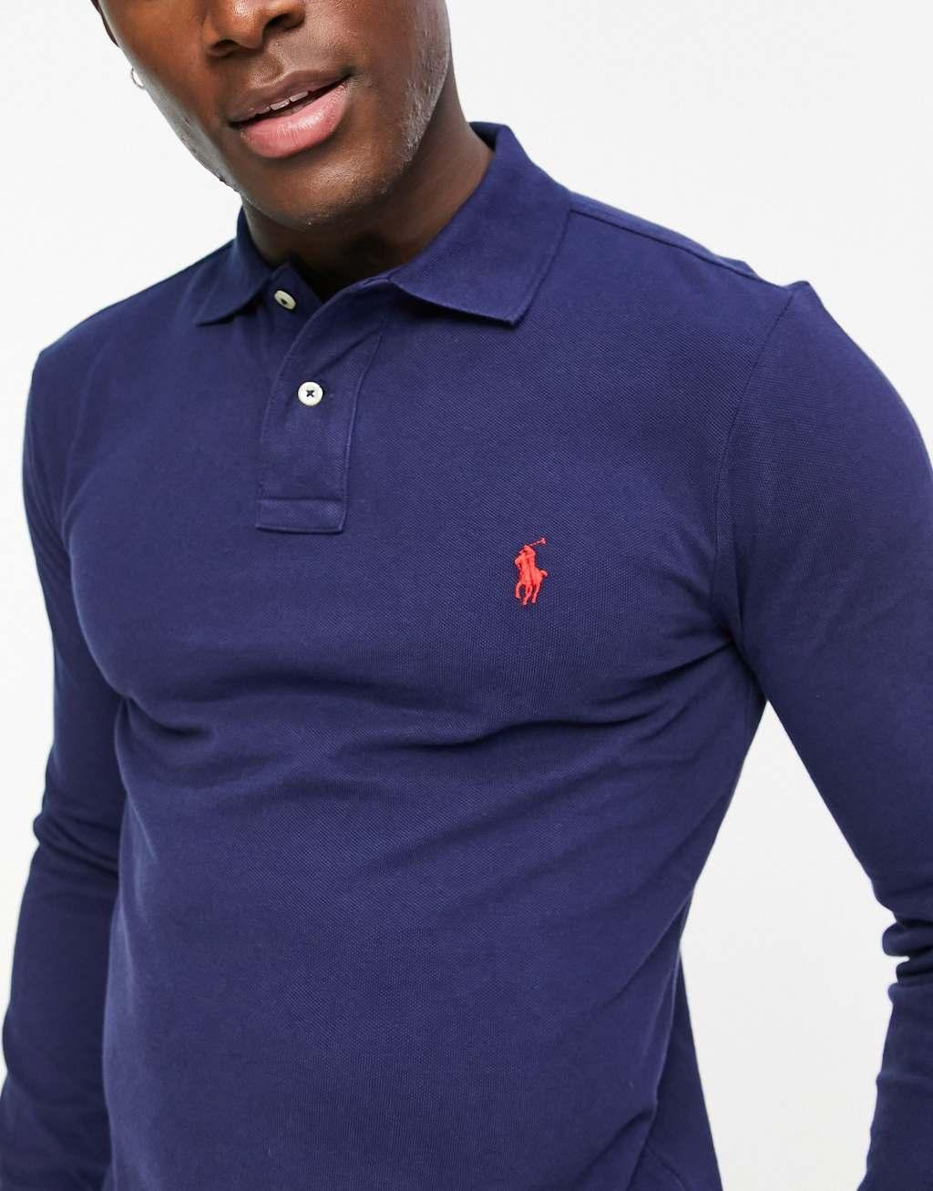 Polo Ralph Lauren icon logo slim fit long sleeve pique polo in navy Product Image