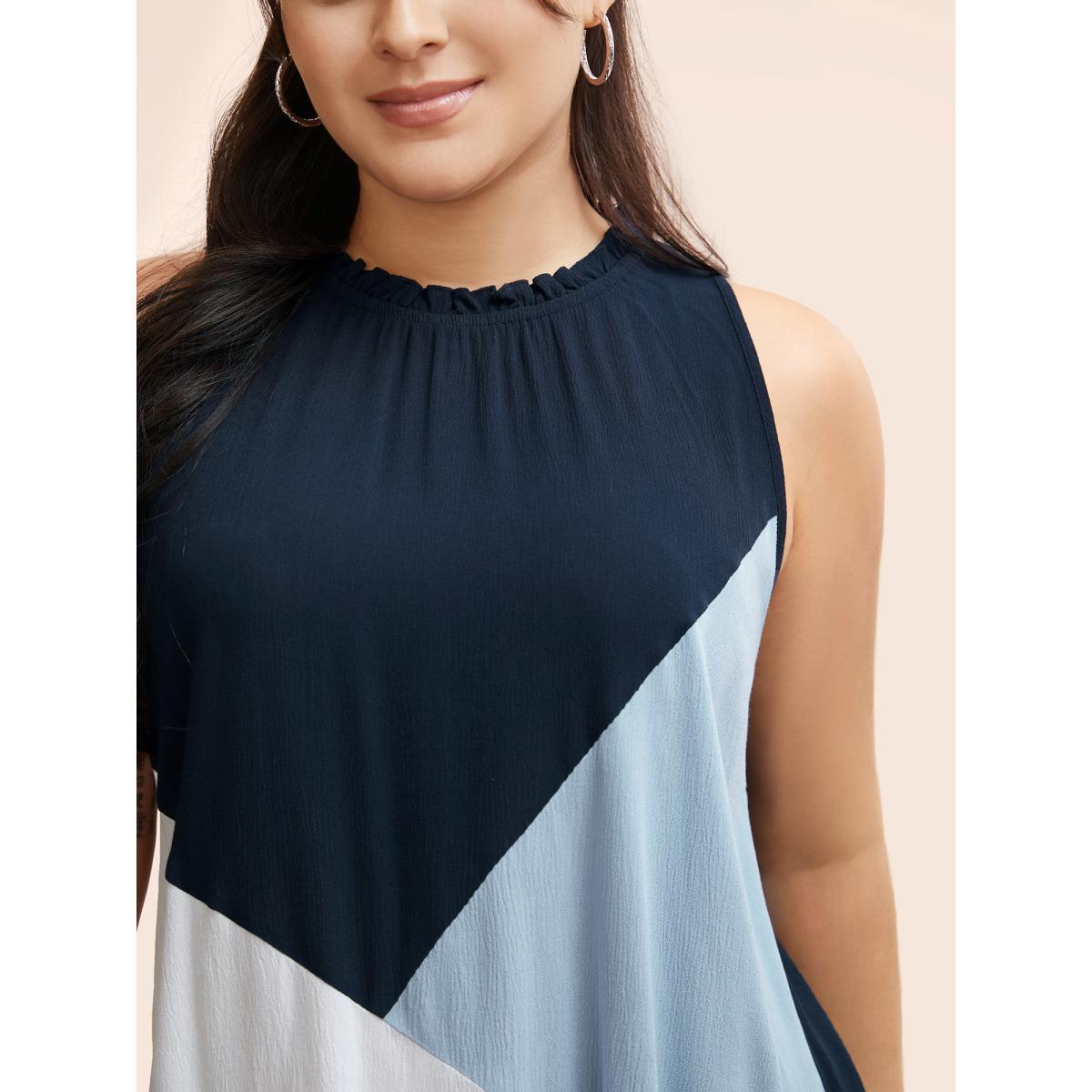 Plus Size Colorblock Contrast Frill Trim Gathered Tank Top Women DarkBlue Casual Contrast Mock Neck Everyday Tank Tops Camis BloomChic 14-16/1X Product Image