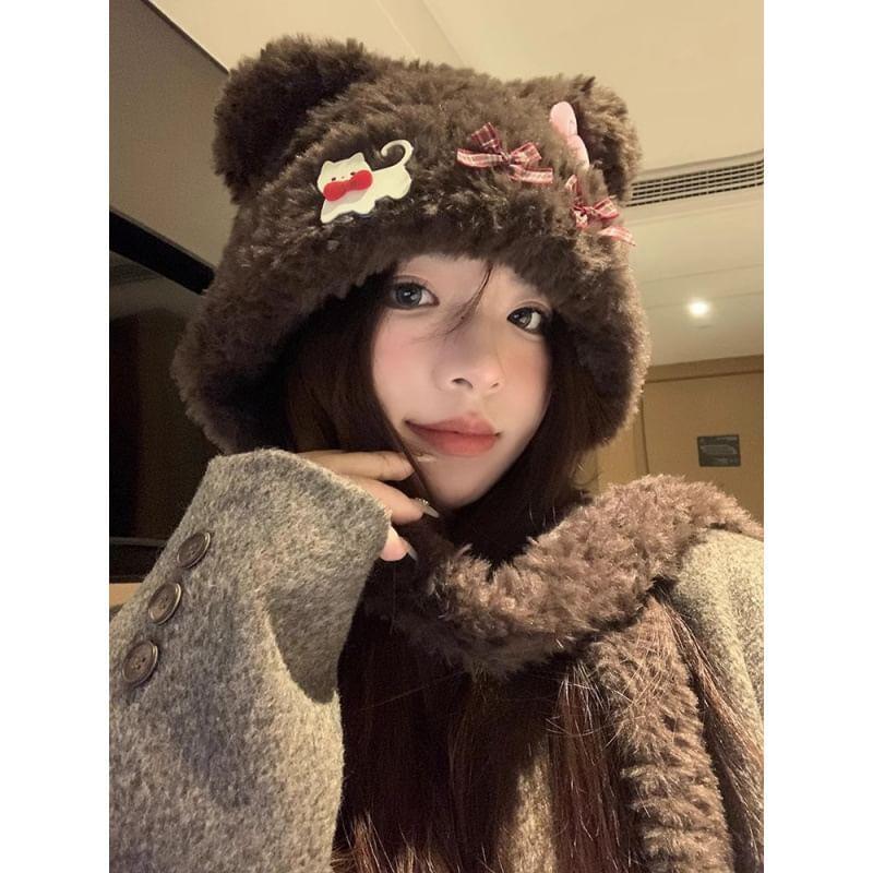 Bow Accent Bear Ear Furry Beanie Product Image