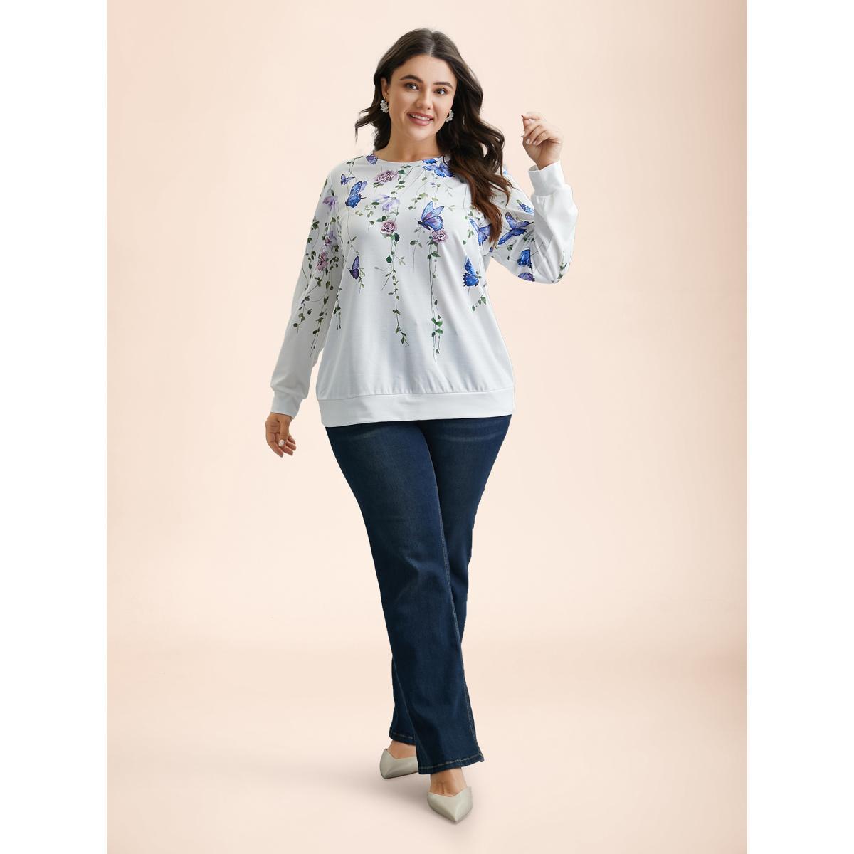 Plus Size Butterfly Print Stretchy Round Neck Sweatshirt Women WhiteSmoke Elegant Non Round Neck Everyday Sweatshirts BloomChic 30/6X Product Image