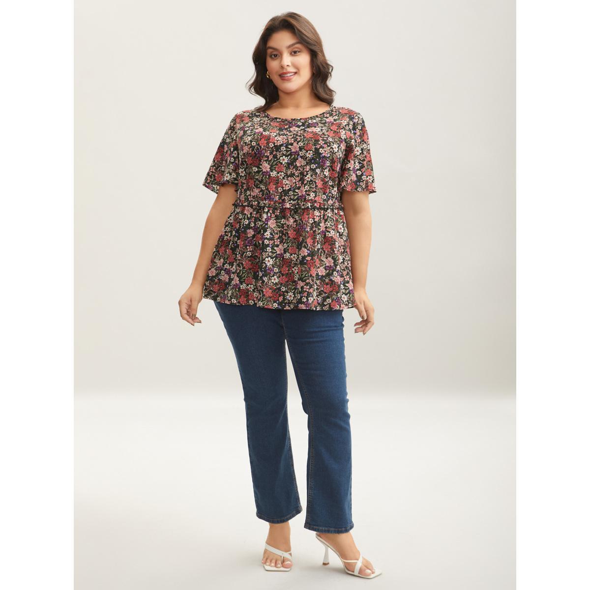 Plus Size Black Floral Ruffled Round Neck Shirt Women Elegant Short sleeve Round Neck Everyday Blouses BloomChic 10/M Product Image