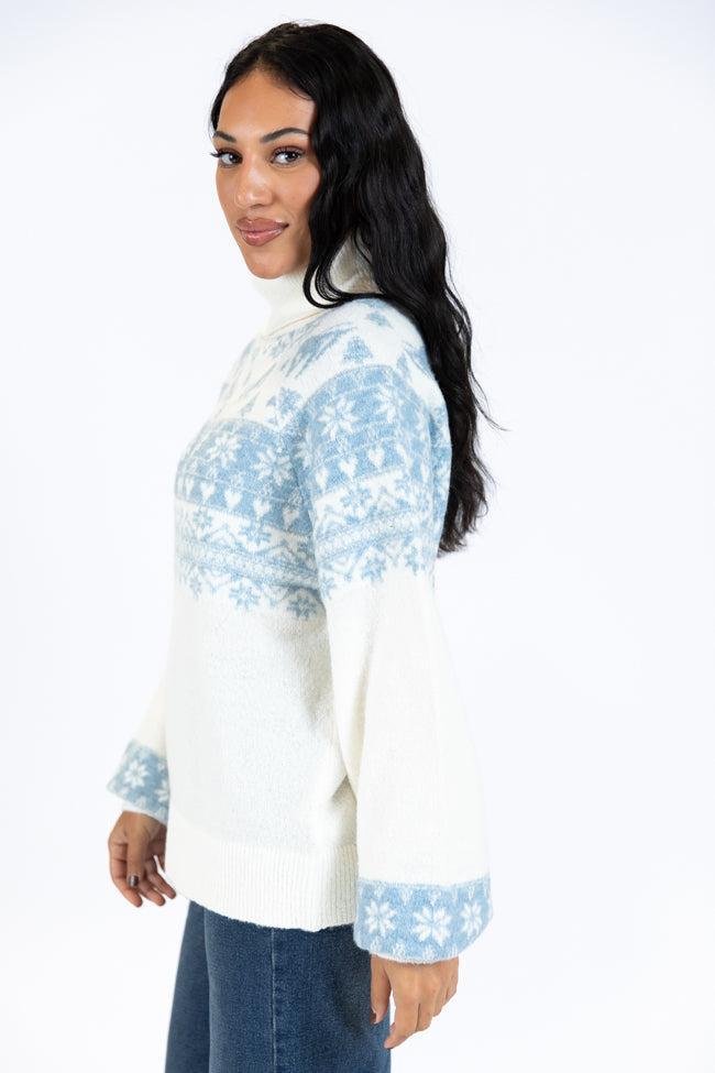 For The Best Ivory and Blue Ski Print Fair Isle Turtleneck Sweater FINAL SALE Product Image
