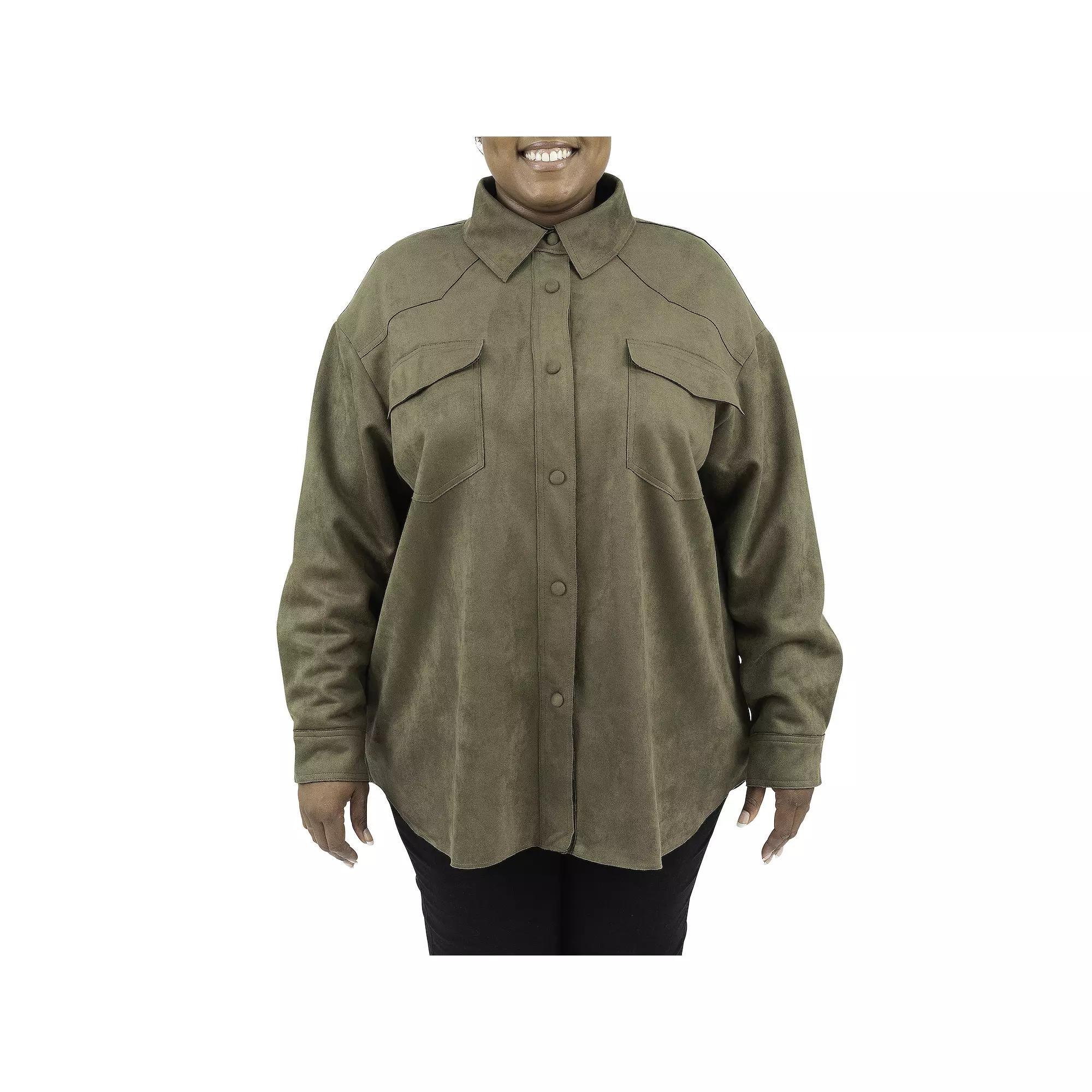 Plus Size Fleet Street Faux-Suede Shacket, Womens Dark Green Product Image