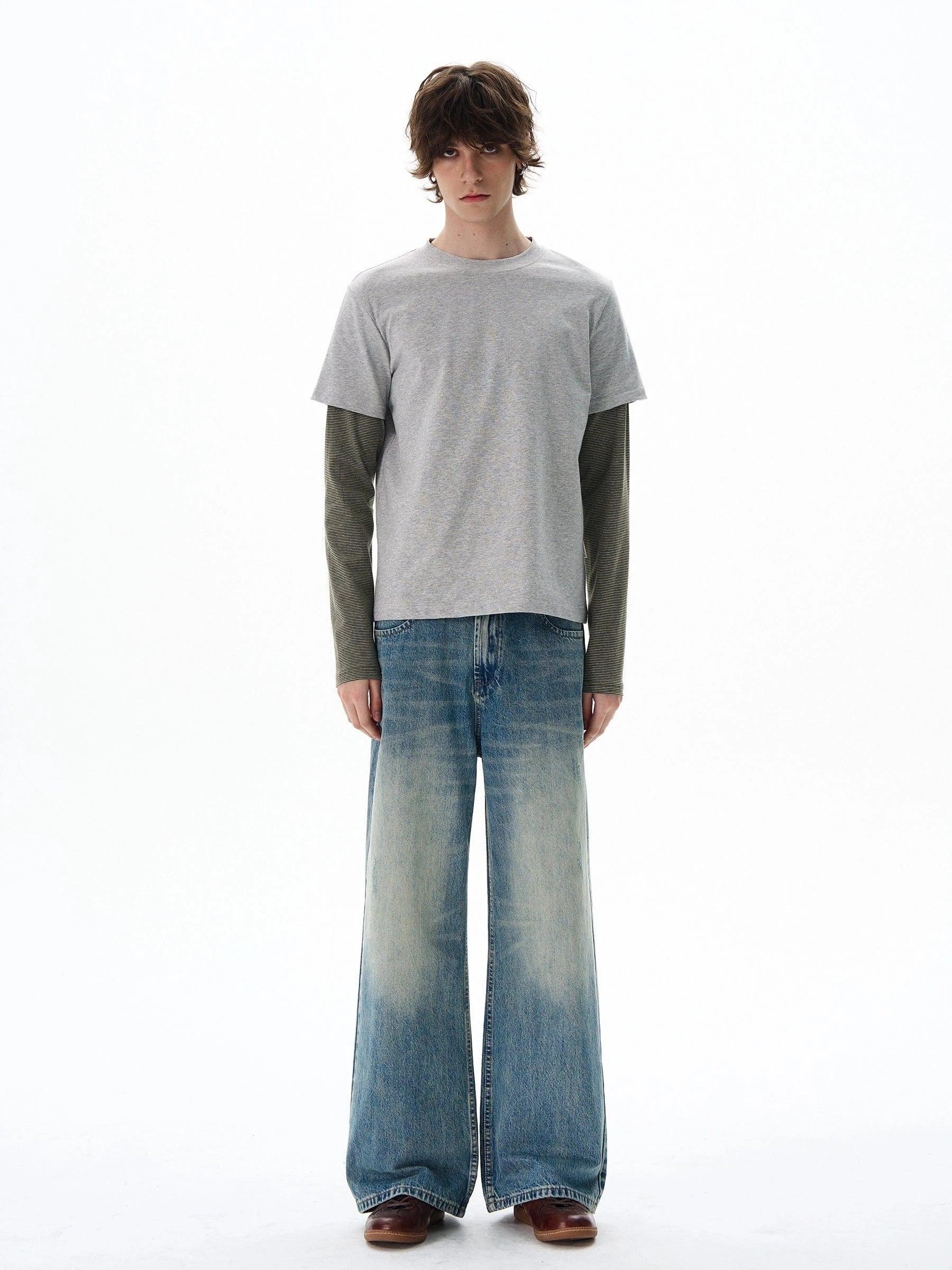 RT No. 19584 WASHED BLUE DENIM STRAIGHT JEANS Product Image