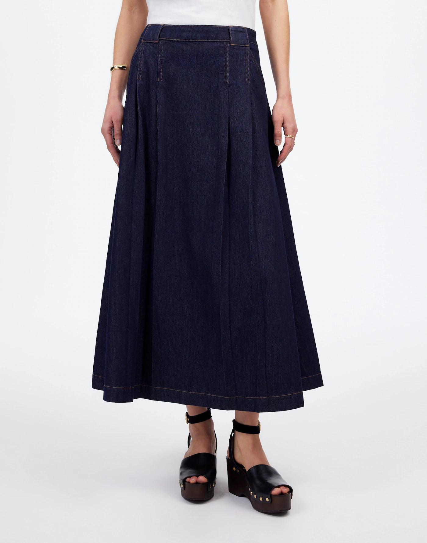 Pleated Denim Midi Skirt in Essex Wash Product Image