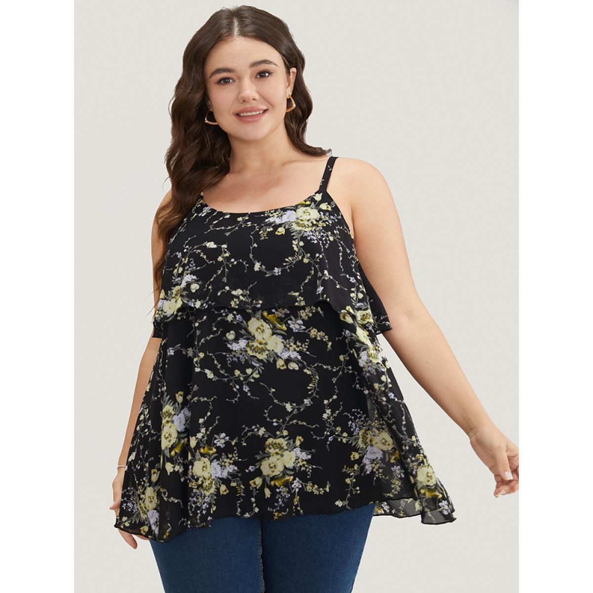 Plus Size Floral Print Adjustable Straps Tiered Hem Cami Top Women BlackFlower Elegant Adjustable Straps Spaghetti Strap Dailywear Tank Tops Camis BloomChic 18-20/2X Product Image
