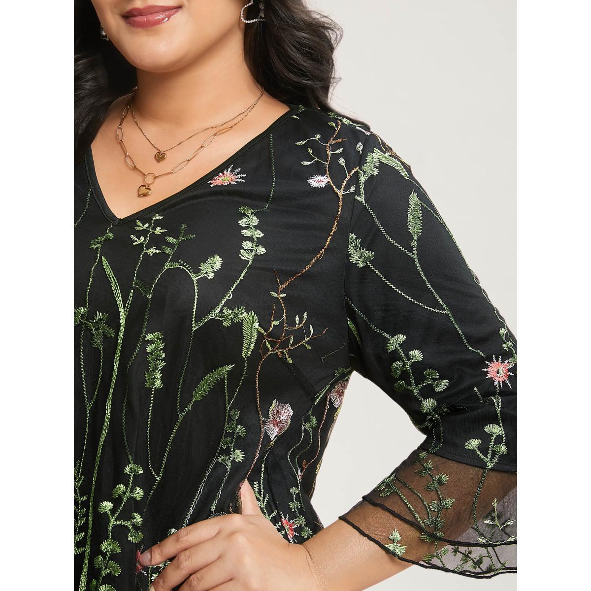 Plus Size Black Embroidered Mesh Lotus Leaf Sleeve Blouse Women Elegant Elbow-length sleeve V-neck Everyday Blouses BloomChic 18-20/2X Product Image