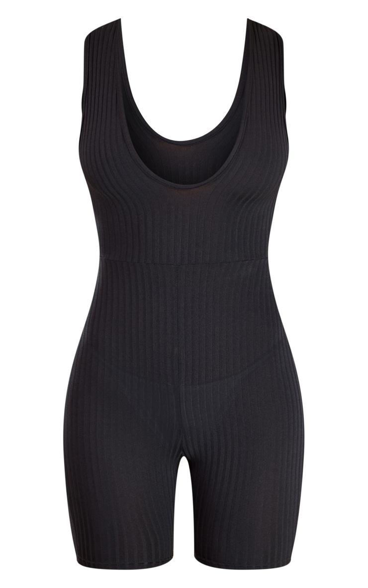 Black Ribbed Plunge Sleeveless Unitard Product Image