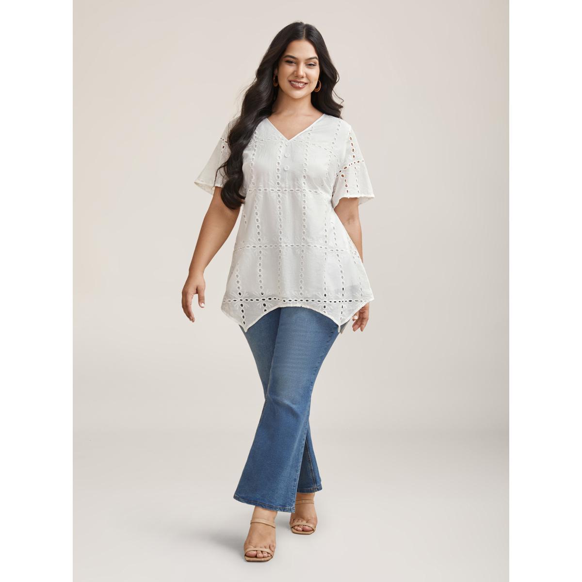 Plus Size Originalwhite Cotton Embroidered V-Neck Shirt Women Resort Short sleeve V-neck Vacation Blouses BloomChic 26/4X Product Image