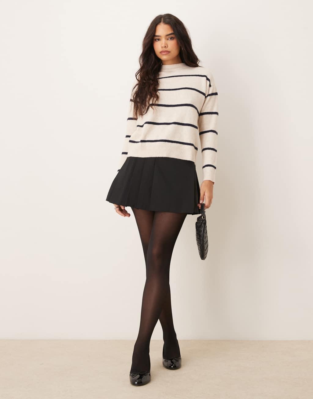 Mango high neck stripe soft sweater in brown Product Image