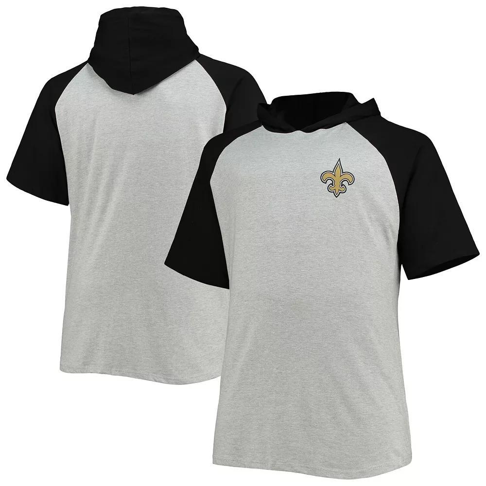 Men's Heathered Gray/Black New Orleans Saints Big & Tall Raglan Short Sleeve Pullover Hoodie, Size: 2XLT, Grey Product Image