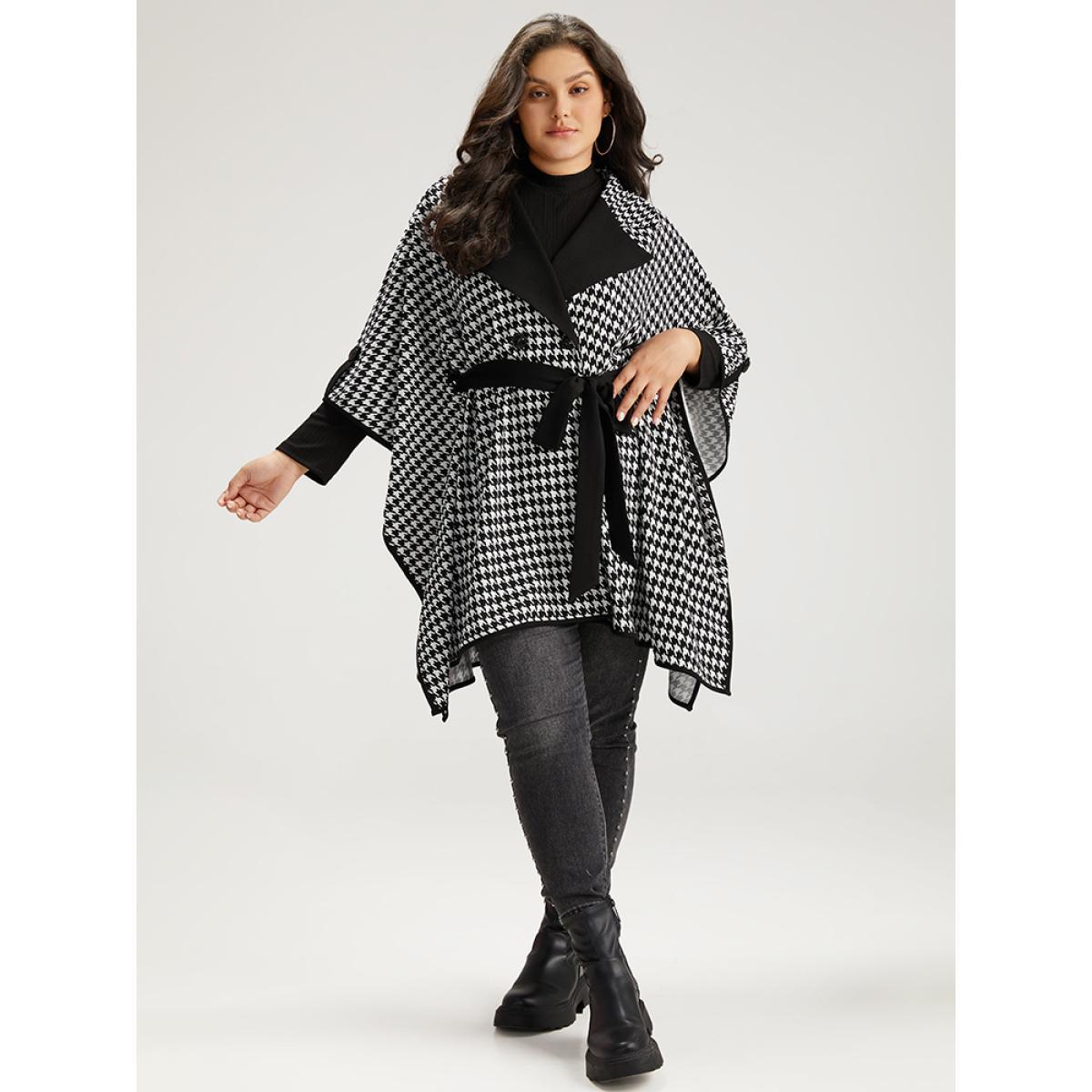 Plus Size Houndstooth Dolman Sleeve Lapel Collar Belted Coat Women Black Casual Belted Loose Ladies Dailywear Winter Coats BloomChic 30/6X Product Image