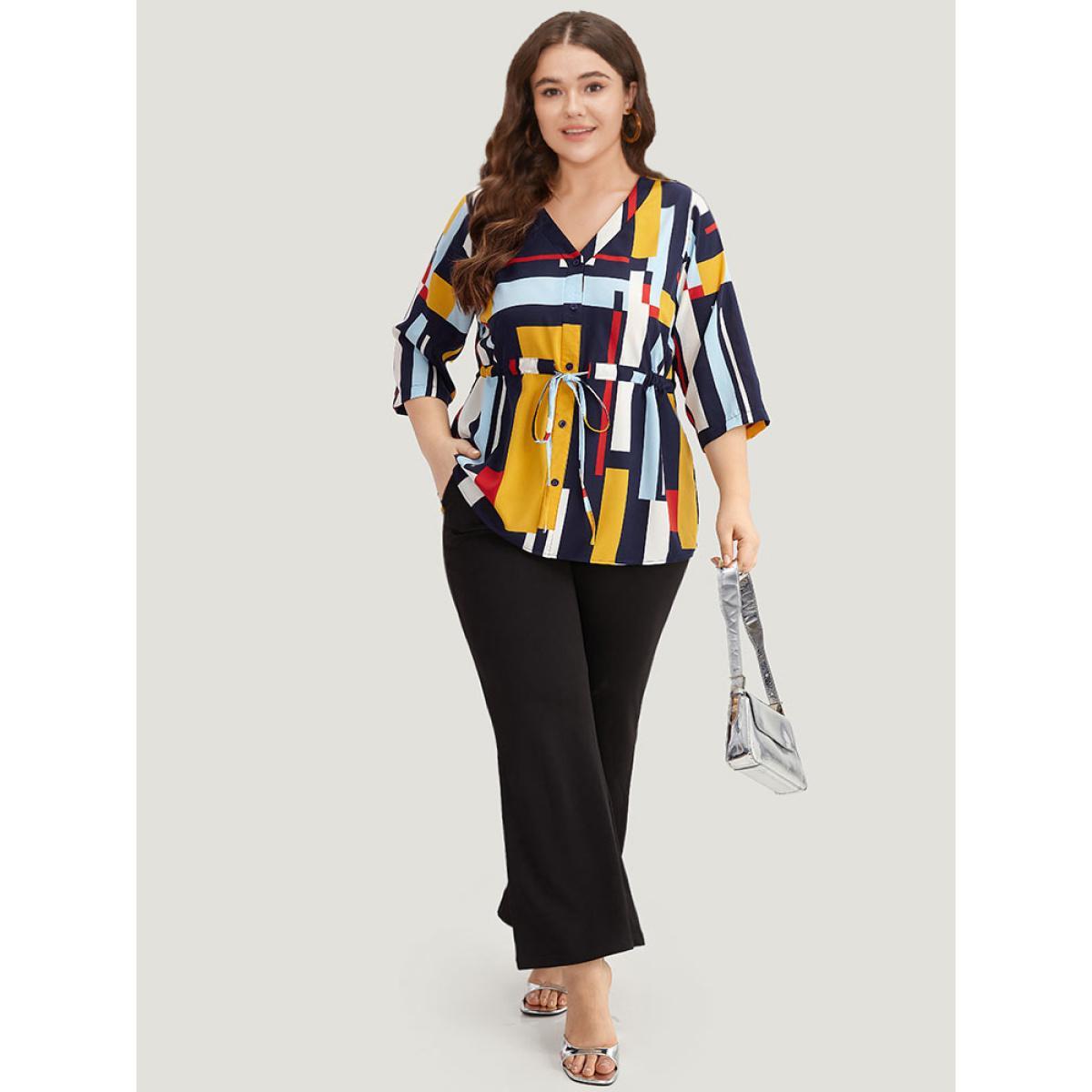 Plus Size Multicolor Geometric Contrast Drawstring Button Up Blouse Women Office Elbow-length sleeve V-neck Work Blouses BloomChic 22-24/3X Product Image
