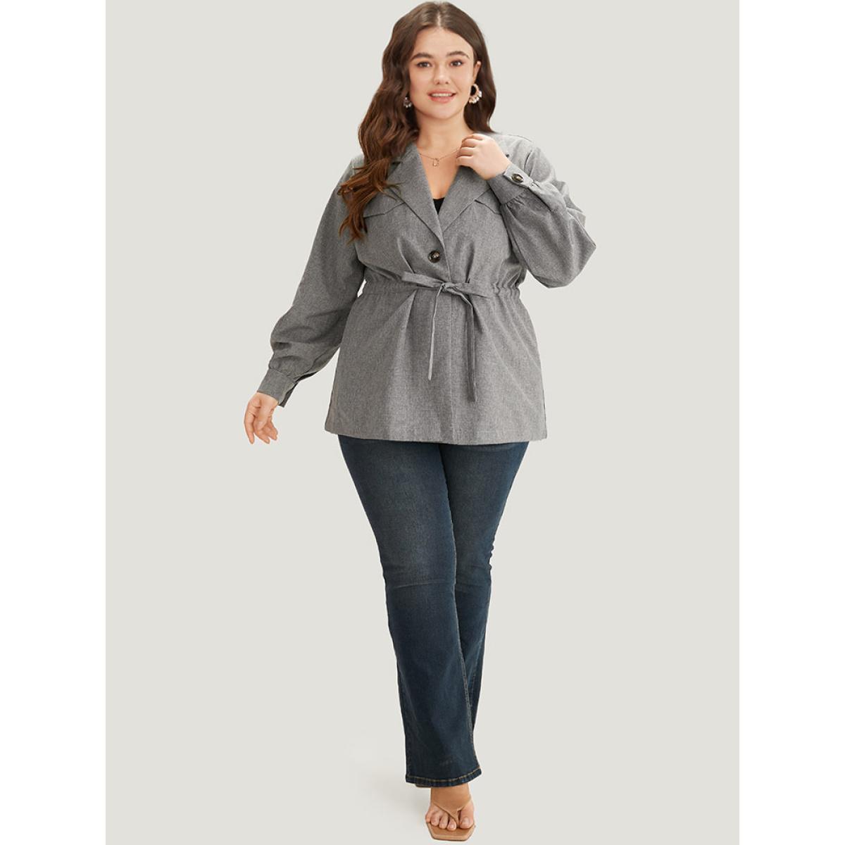 Plus Size Plain Pocket Drawstring Button Up Suit Collar Coat Women DimGray Casual Plain Ladies Dailywear Winter Coats BloomChic 14-16/1X Product Image