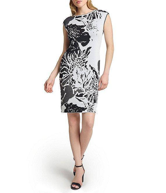 Ming Wang Floral Jacquard Knit Round Neck Sleeveless Dress Product Image
