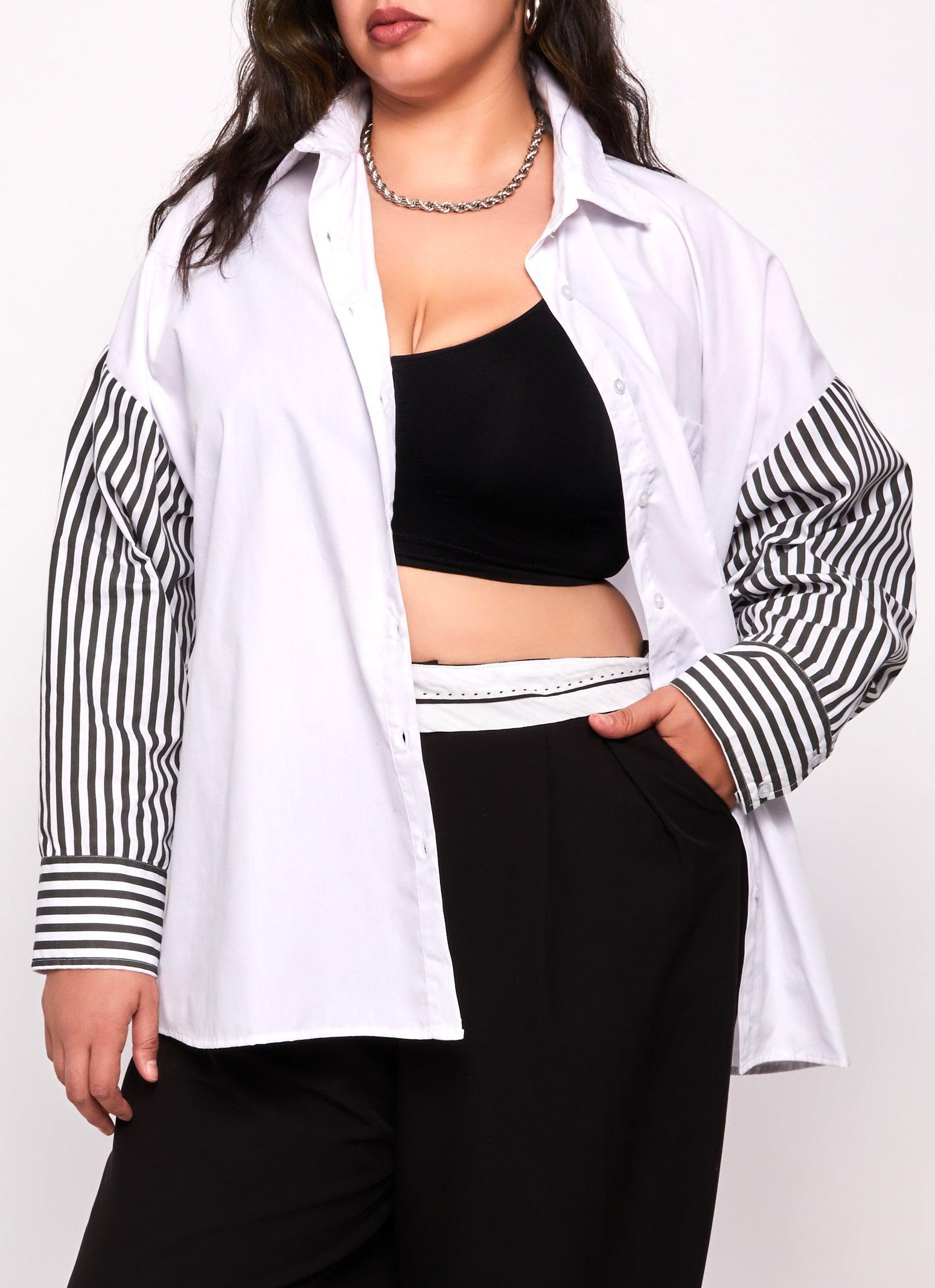 Womens Plus Size Striped Sleeve Color Block Shirt Product Image