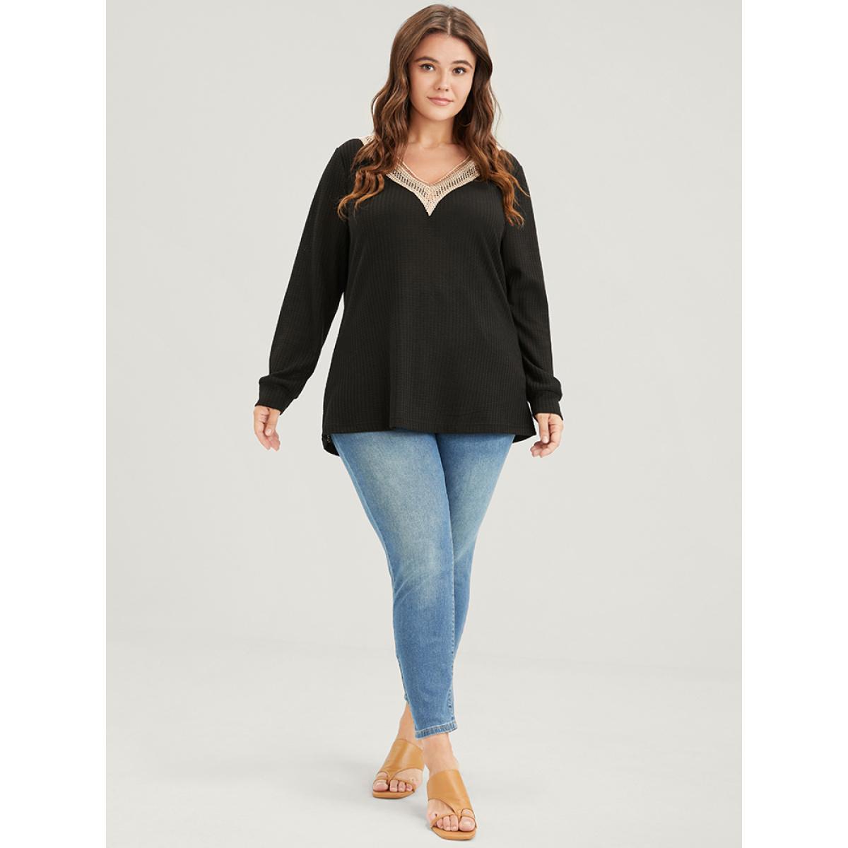 Plus Size Solid Drop Shoulder Contrast Lace Waffle Knit Sweatshirt Women Black Casual Patchwork V-neck Dailywear Sweatshirts BloomChic 28/5X Product Image