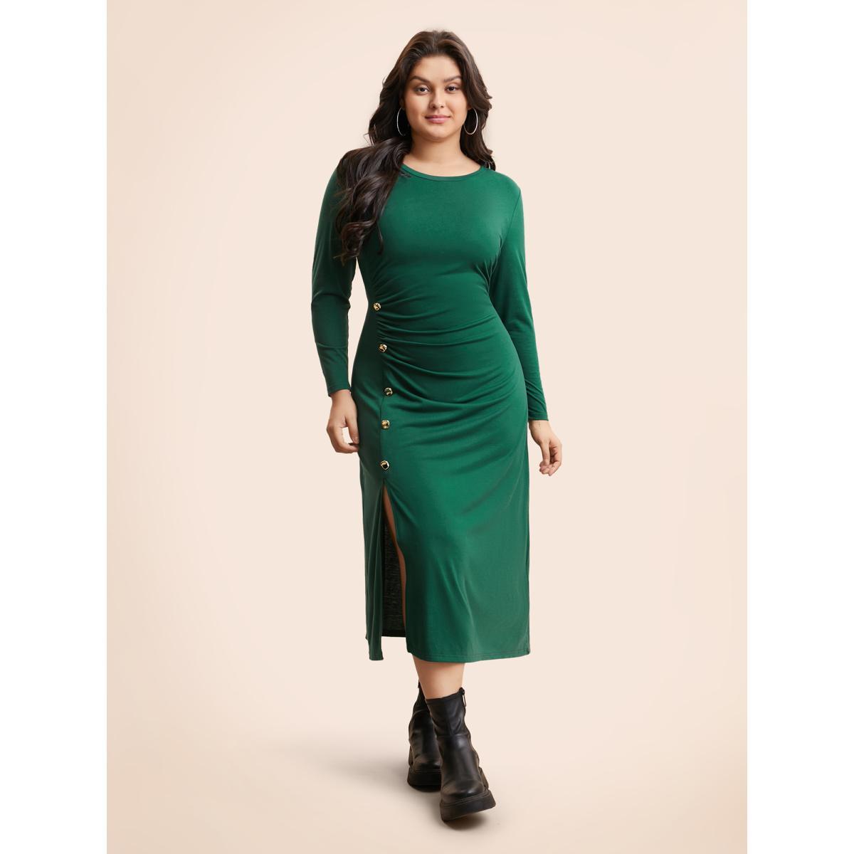 Plus Size Plain Button Detail Split Hem Dress DarkGreen Women Casual Gathered Round Neck Long Sleeve Curvy BloomChic 18-20/2X Product Image