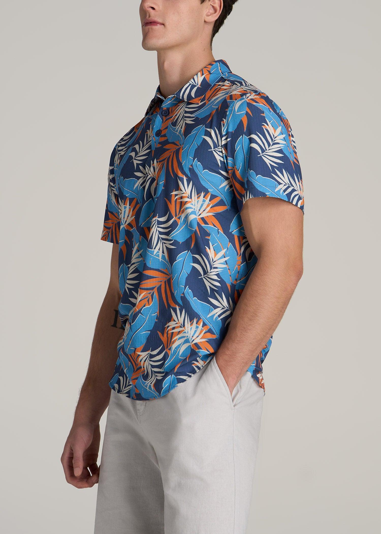 Coastal Perforated Tall Men's Polo Shirt in Blue and Orange Palms Product Image