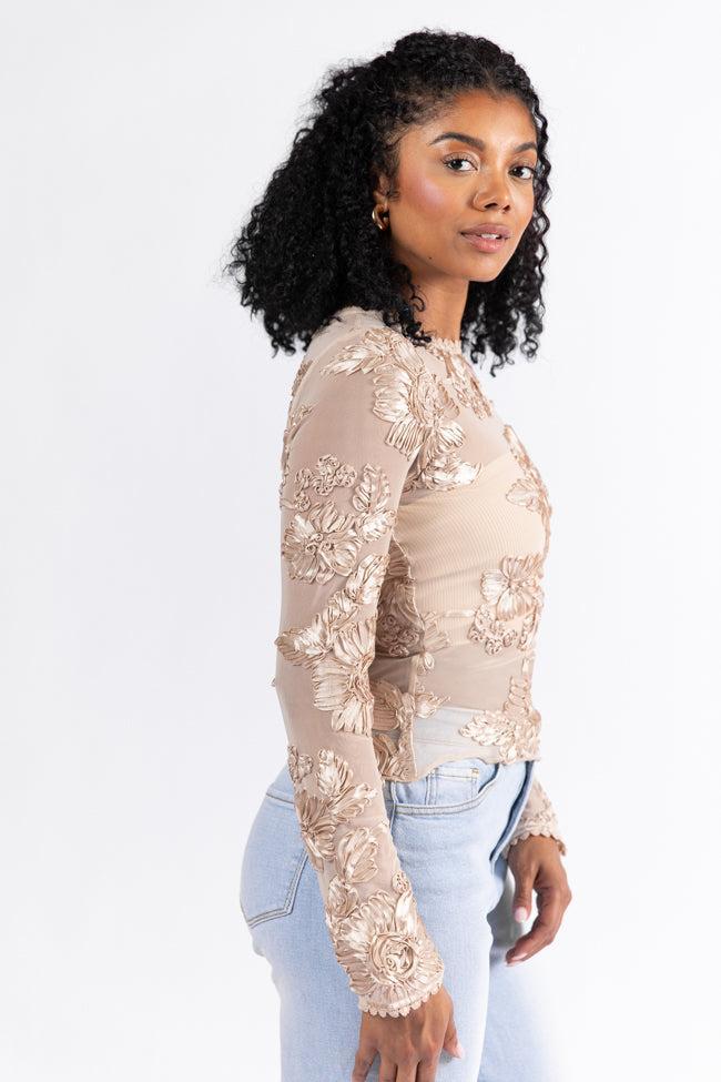 My Two Cents Champagne Floral Applique Mesh Top FINAL SALE Product Image