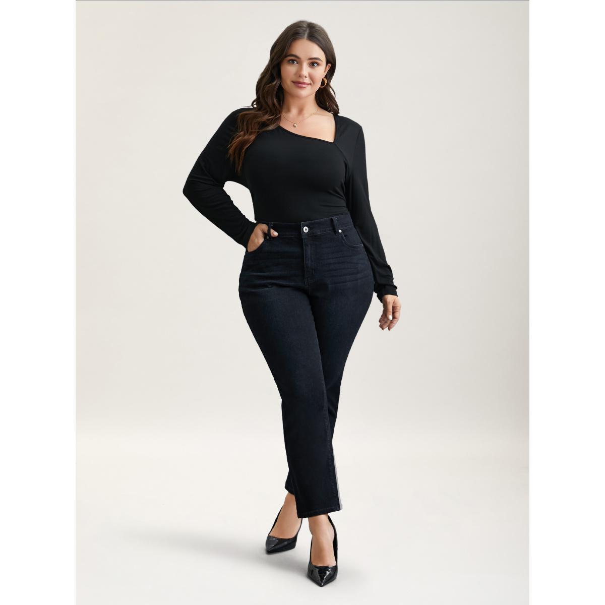 Plus Size Whiskered Mid-Rise Skinny-Fit Jeans Women Denimcharcoal Elegant Button Medium stretch Slanted pocket Jeans BloomChic 22/3X Product Image