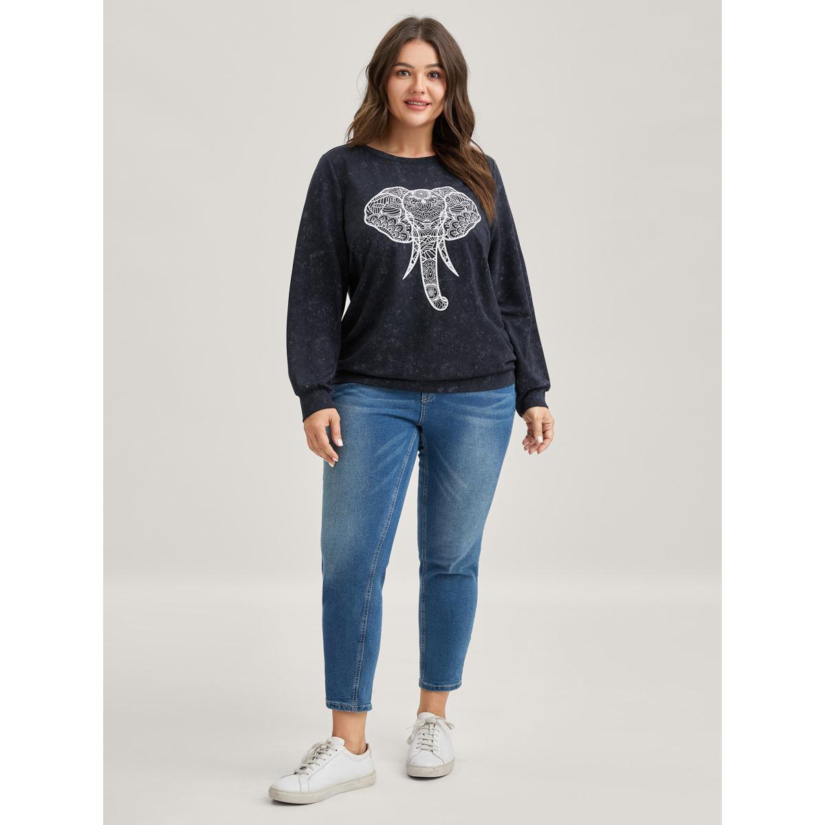 Plus Size Elephant Motif Crew Neck Sweatshirt Women Indigo Non Round Neck Everyday-Casual Sweatshirts BloomChic 30/6X Product Image