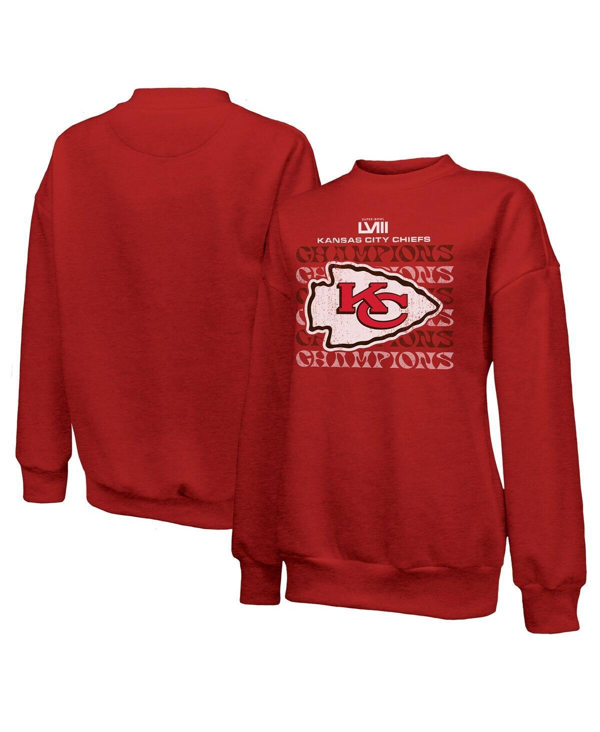 Women's Majestic Threads  Red Kansas City Chiefs Super Bowl LVIII Champions Retro Repeat Pullover Sweatshirt, Size: 2XL Product Image
