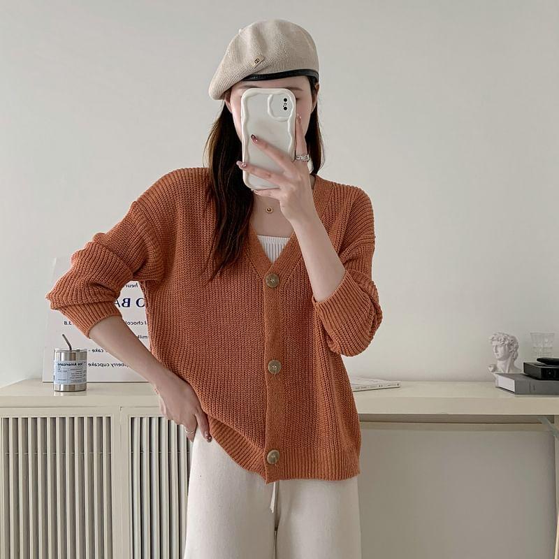 V-Neck Plain Button Down Cardigan Product Image