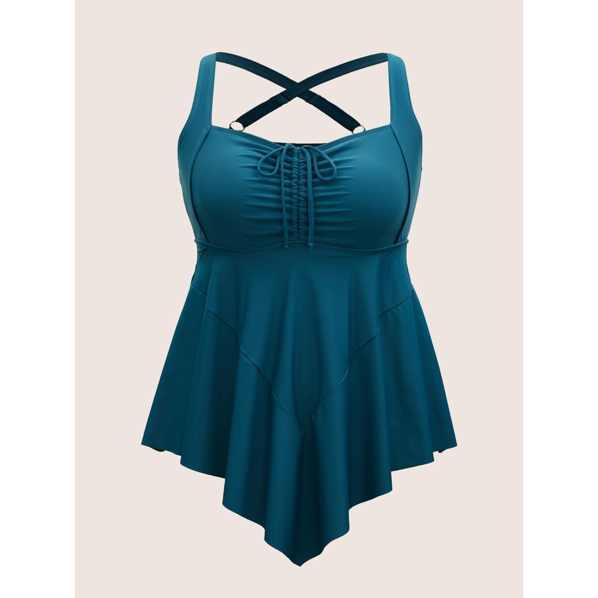 Plus Size Plain Gathered Adjustable Straps Drawstring Swim Dress Women's Swimwear Teal Beach Bodycon Heart neckline High stretch Curve Swim Dresses BloomChic 18-20/2X Product Image