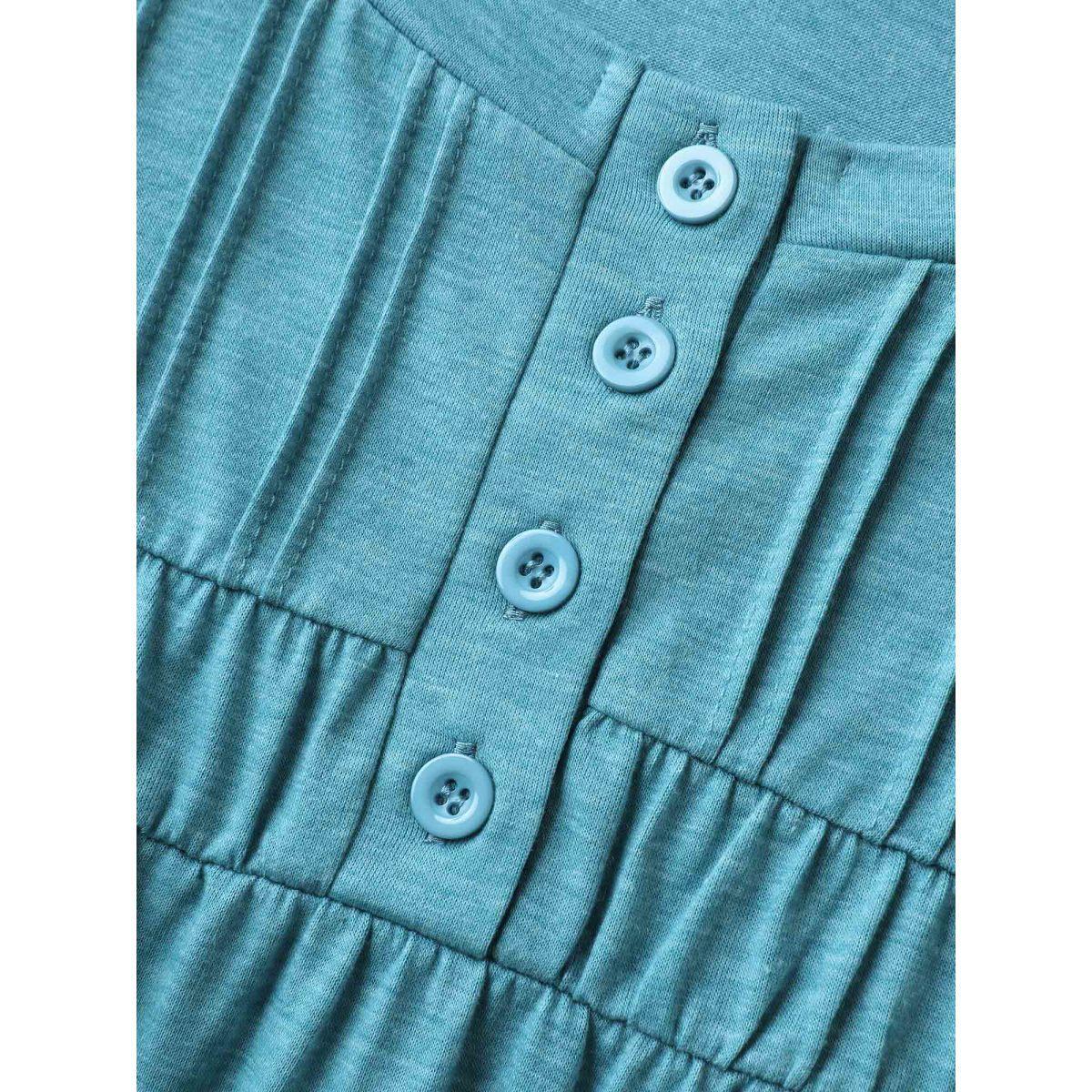 Plus Size Heather Pleated Buttons Placket Solid T-Shirt Cerulean Women Tucked seam Round Neck Everyday-Casual T-shirts BloomChic 14-16/1X Product Image