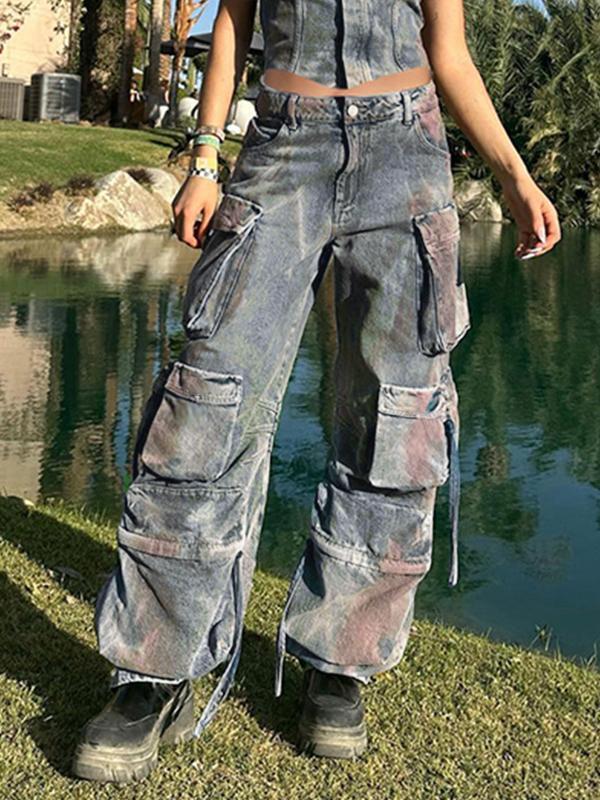 Vintage Tie Dye Multi Pocket Cargo Jeans Product Image