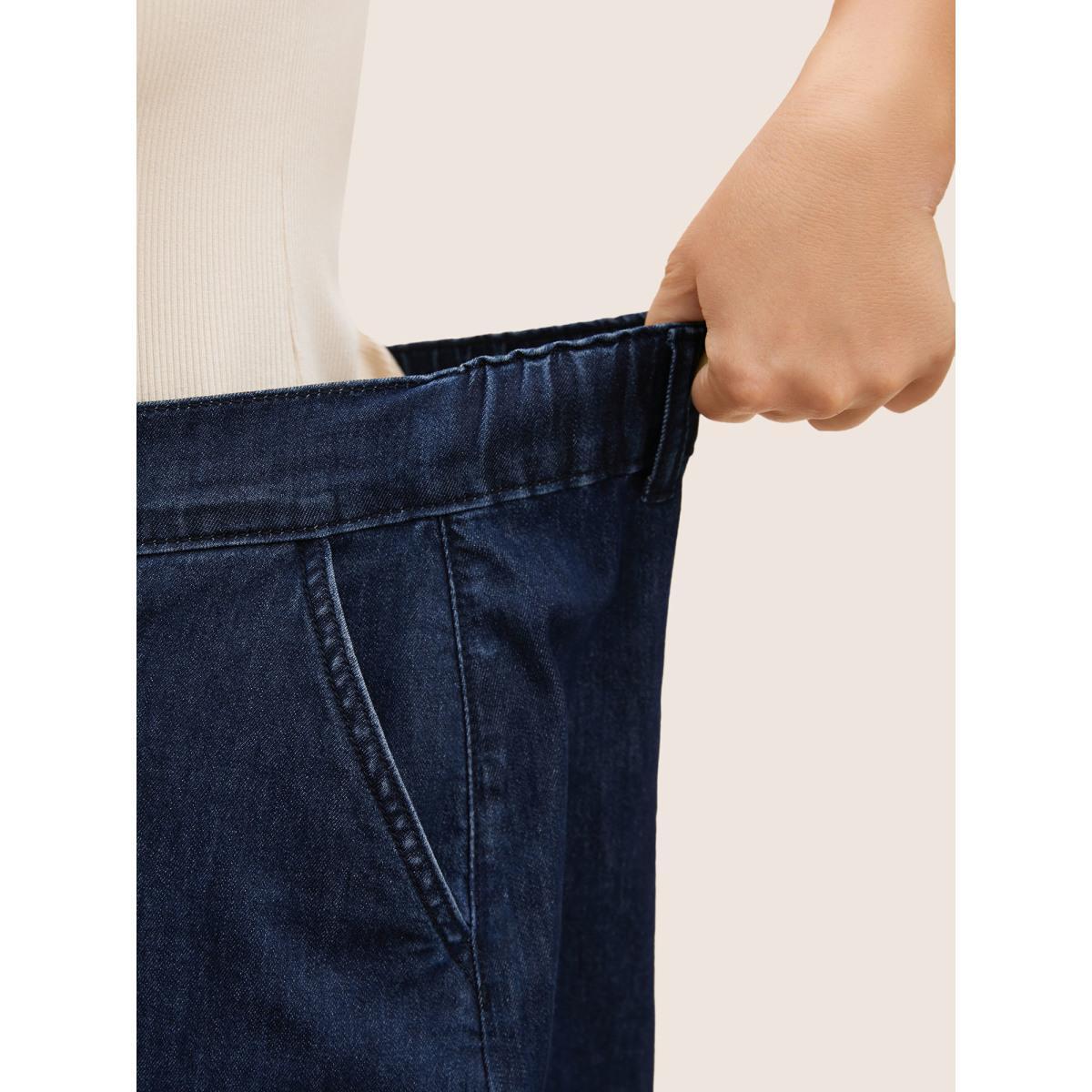 Plus Size Dark Wash Slanted Pocket Loose Denim Shorts Women Denimindigo Button Medium stretch Everyday Slanted pocket Casual Denim Shorts BloomChic 16/1X Product Image