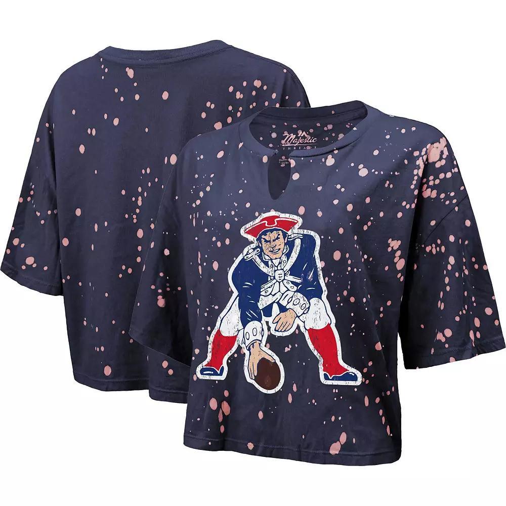 Women's Majestic Threads Navy New England Patriots Bleach Splatter Notch Neck Crop T-Shirt, Size: Medium, Blue Product Image