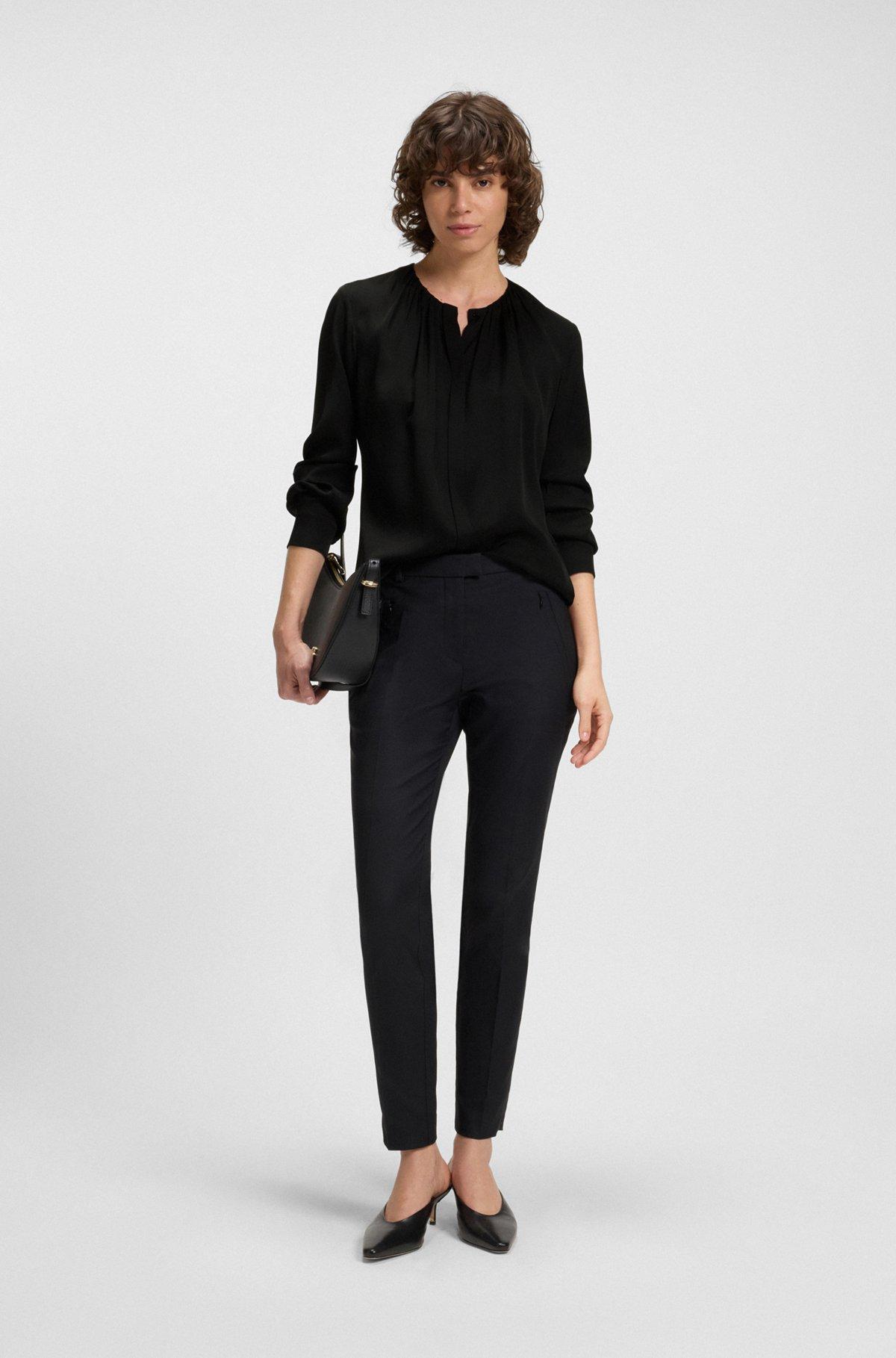 BOSS - Ruched-neck blouse in stretch-silk crepe de Chine - Black Product Image