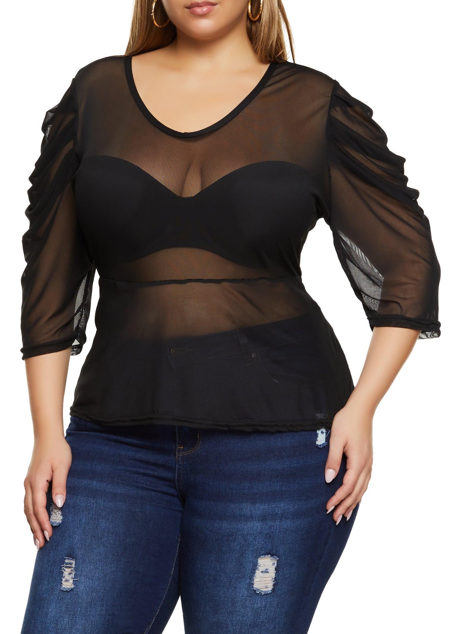 Womens Plus Size Mesh Ruched Quarter Sleeve Top Product Image