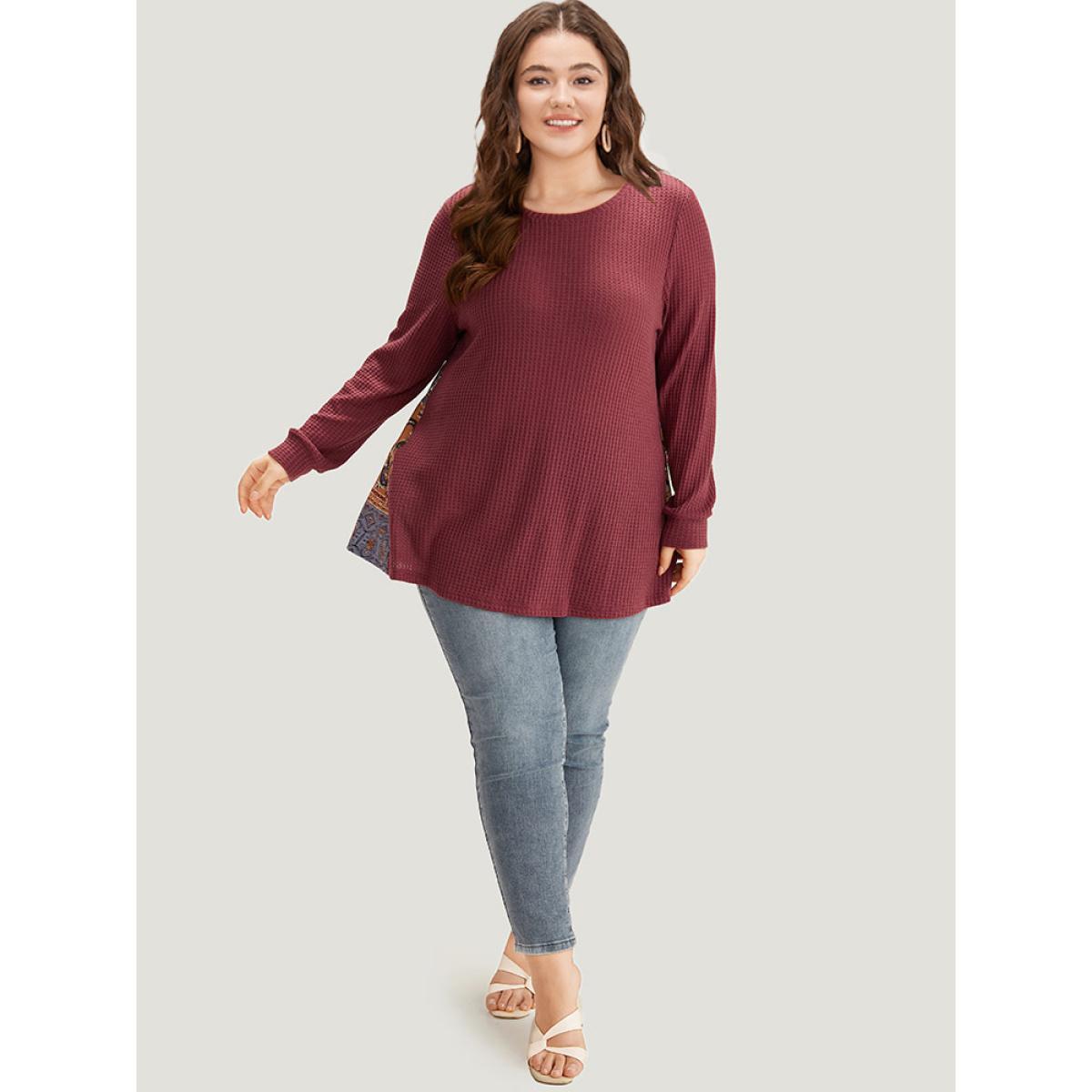 Plus Size Bandana Patchwork Crew Neck Elastic Cuffs Sweatshirt Women Russet Casual Round Neck Everyday Sweatshirts BloomChic 18-20/2X Product Image