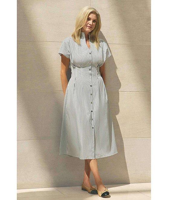 Ming Wang x Tanya Foster Cotton Pinstripe Stand Collar Short Sleeve Fit-And-Flare Dress Product Image